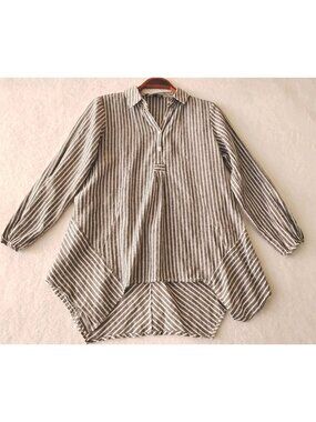 Jones NY Linen Blend Blouse Asymmetric Hi Lo Striped Casual Beachy Size S